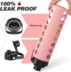 MUKOKO Glass Water Bottles, 32oz Glass Tumbler with Straw, Drinking Bottles with 2 Lids-Handle Spout Lid&Bamboo Straw Lid, Motivational Water Bottle with Time Marker and Silicone Sleeve, 1 Pack-Pink