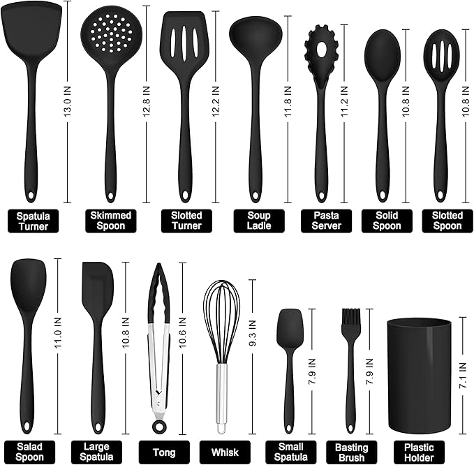 HaWare Kitchen Utensils, 14 PCS Silicone Cooking Utensils Set, Heat Resistant Kitchen Utensils for Non-stick Cookware, Kitchen Gadgets Tools with Spoons, Spatulas, Whisk, Dishwasher Safe (Black)