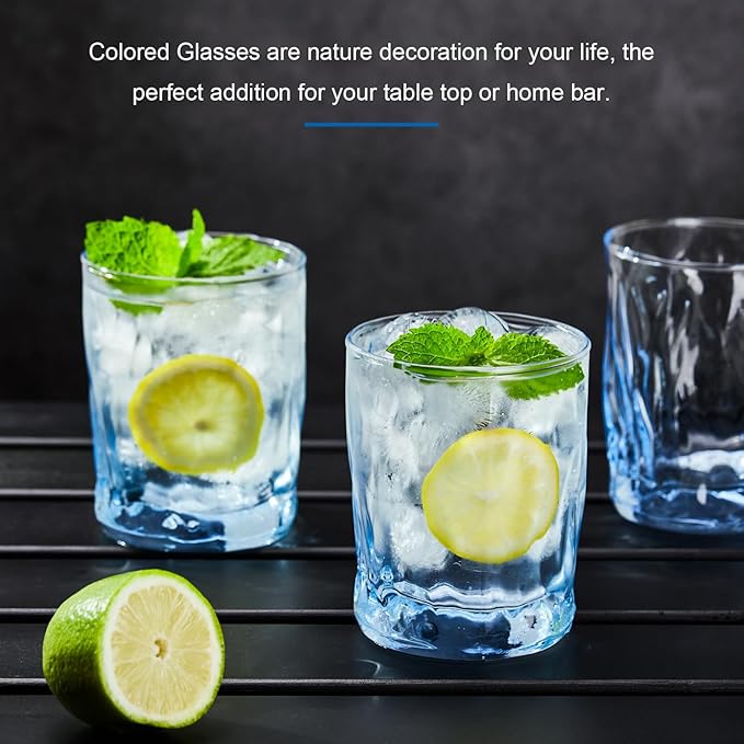 CREATIVELAND Solid Color Drinking Glasses Set of 6, 10 OZ Wind-blown Ripples Glass Tumbler Glassware for Water, Juice, Different Options for Home, Restaurant, Hotel, Bar, Blue