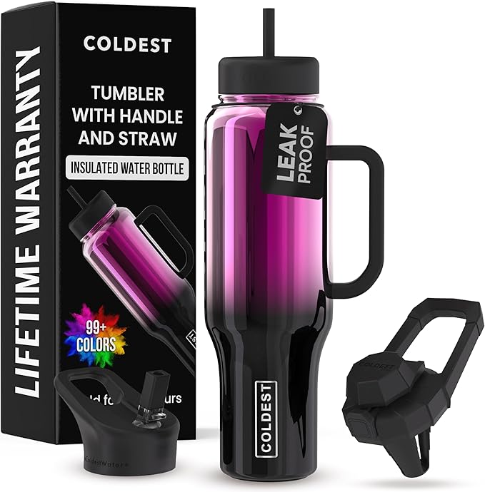 Coldest Tumbler with Handle and Straw - 100% Spill Proof Tumbler with Straw (3 Lids) - Stainless Steel Insulated Leakproof Tumblers for Women & Men - Cup Holder Friendly - 46 oz (Violet Nova)