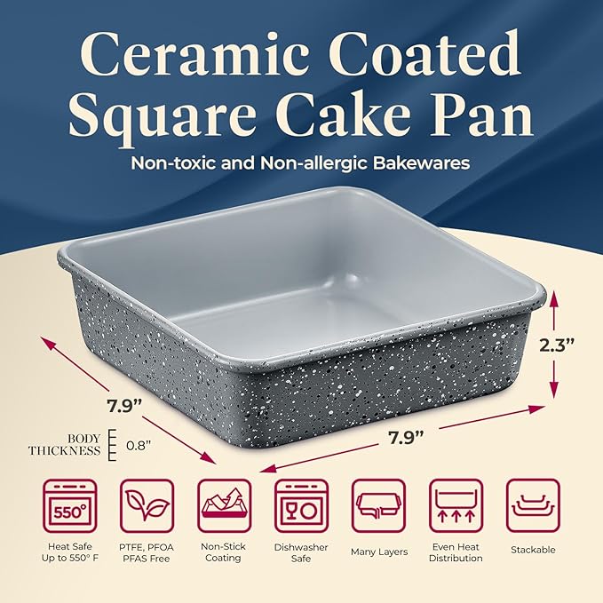 Square Cake Pan - Aluminized Steel, Ceramic Non-Stick Coating, Non-Toxic, Ideal Size, Heavy-Duty, Elevate Your Baking with Durability and Style!