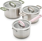 GreenLife 6 Piece Stainless Steel Cookware Set, Induction Kitchen Cooking Pots & Pans, Locking Lids, Built in Strainer, Drip-Free Pour Spouts, Silicone Handles, Saucepan, Stock Pot, Dishwasher Safe