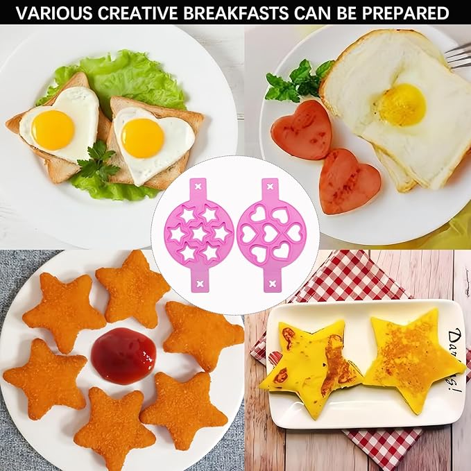 Pancake and Egg Mold 7 Cavity,Reusable Non-Stick Silicone Heart Star Shape Mold with Handle for Making Mini Pancakes, Fried Eggs, Muffins, Burgers