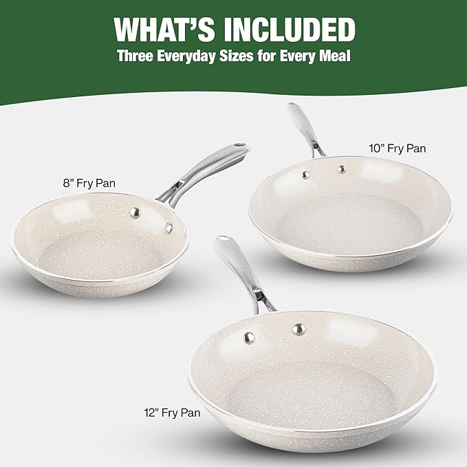 Granitestone 3pc Non Stick Frying Pans Set, 8,10,12 inch Ceramic Frying Pan Skillet Set, Non Toxic Frying pans Nonstick for Cooking, Induction Ready, PFAS & PFOA Free, Oven & Dishwasher Safe - Beige