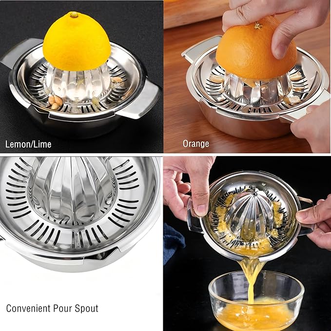 Citrus Lemon Orange Grapefruit Juicer Manual Squeezer 304 Stainless Steel Robust Hand Juicer Reamer Rotation Press with Strainer＆10oz Bowl, 2 Pour Spouts, Dishwasher Safe, Easy to Clean, Heavy Duty