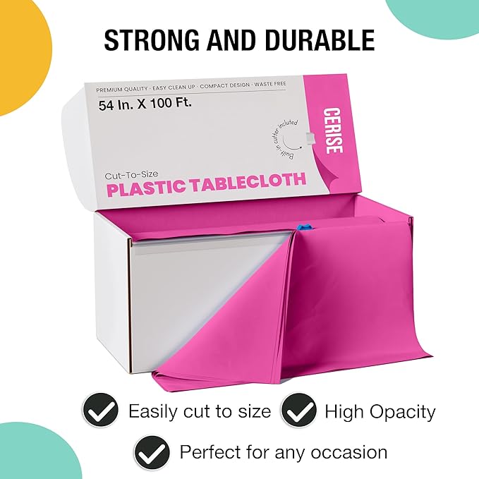 Exquisite Party Solids 54 Inch X 100 Feet Cerise Plastic Table Cover Roll in A Cut - to - Size Box with Convenient Slide Cutter. Cuts Up to 12 Rectangle 8 Feet Plastic Disposable Tablecloths
