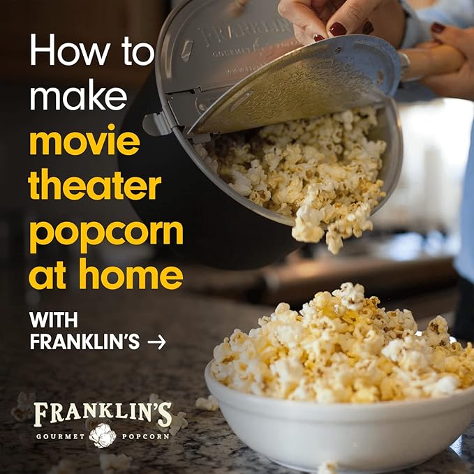 Franklin's Gourmet Popcorn - Movie Night Bundles - Whirley Popper, 28 oz. Organic Popcorn Kernels, 19 oz. Butter Flavored Salt, 30 oz. Butter Flavored Coconut Oil