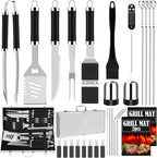 ROMANTICIST 30pcs BBQ Grill Tool Set for Men Dad, Heavy Duty Stainless Steel Grill Utensils Set, Non-Slip Grilling Accessories Kit with Thermometer, Mats in Aluminum Case for Fathers Day Black