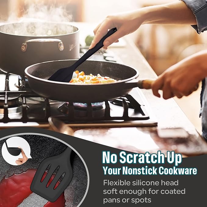 Silicone Kitchen Utensils Set, E-far 23 Pcs Black Cooking Utensils Tools with Holder for Nonstick Cookware, Include Spatula/Spoon/Ladle/Tongs/Turner, Heat Resistant & Nontoxic, Dishwasher Safe