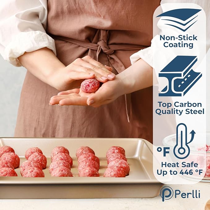 Perlli Baking Kit: Nonstick Gold Steel Oven Set - 10 Pieces, Cookie Sheets, Cake Pans, 9x13Pan with Lid, Loaf & Deep Pans, Pizza Crisper, Muffin Pan - Silicone Handles