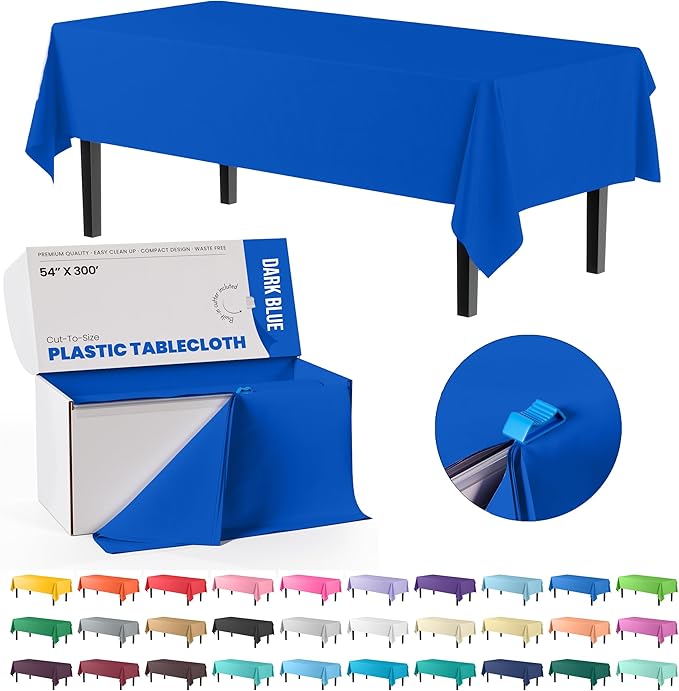 Exquisite Dark Blue Plastic 54x300 inches Rectangular Tablecloth Roll with Built-in Cutter - 300 Feet, All-Season, 1 Count