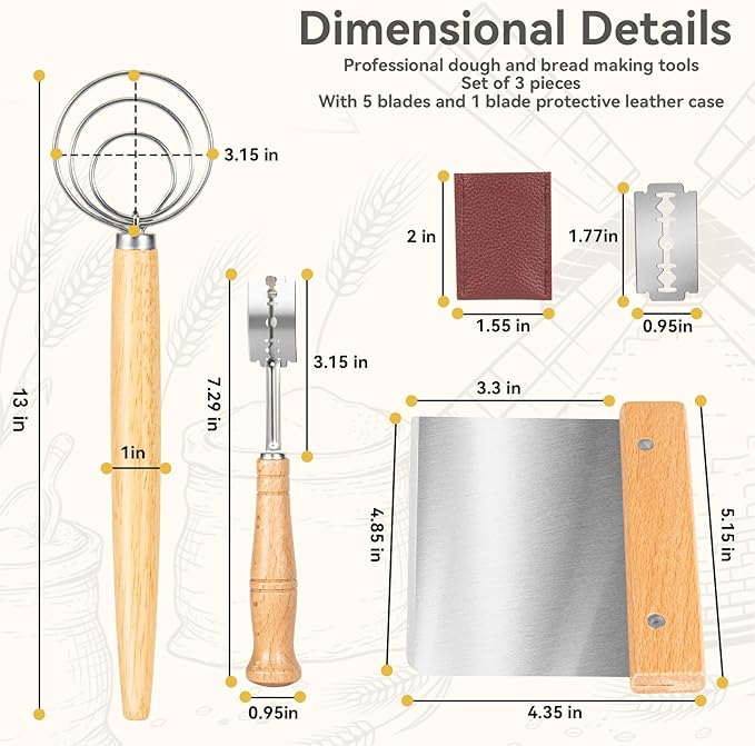 Danish Dough Whisk - Bread Making Tool Set of 3 Pieces, Kitchen Bench Scraper, Sourdough Lame with 5 Pc Blades, Dough Scoring Tool Essential Kit for Making Bread, Sourdough, Pizza, Hamburger, Pastries