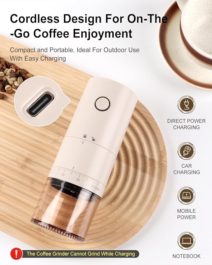 Lamido Portable Electric Coffee Grinder with Ceramic Burr - 38 Adjustable Grind Settings, One-Touch Operation, USB-C Rechargeable, Auto-Stop Function for Espresso, French Press, Travel & Home Use