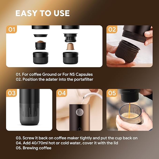 Portable 2-in-1 Coffee Maker, Portable 19 Bar Espresso Machine with Automatic Heating, Compatible with NS and Ground Coffee for Camping, Hiking Travel and Home (Black)