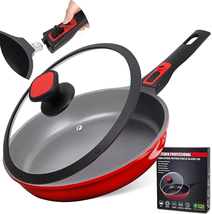 DIIG Nonstick Frying Pan Skillet with Silicone Lid, 10 Inch Saute Pan Omelet Sauce Red Cookware, Oven Safe Chef Pans for Cooking with Detachable Handle, Induction Gas All Stoves Compatible