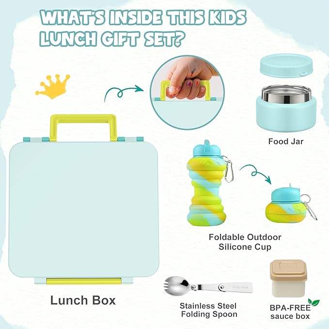 Lunch Box Kids Box Bento Box for Kids - 9oz Soup Thermo, Insulated Bento Lunch Box with Leak Proof Vacuum Insulated Food Jar - 5 Compartments((Blue Sky)