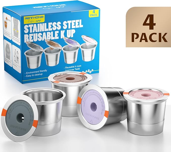 RETHONE K Cup Reusable Coffee Pods, Stainless Steel Reusable K Cups Coffee Filter Compatible with Keurig 1.0 & 2.0 Coffee Makers BPA-Free Refillable Coffee Filters (4 Pack)