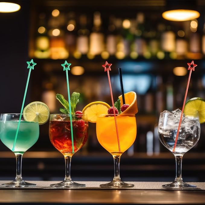 Mudder 100 Pieces 9.1 Inch Christmas Swizzle Sticks Cocktail Stirrers Plastic for Bar Disposible Plastic Star Top Crystal Swizzle Sticks for Christmas Party(Two Colors)