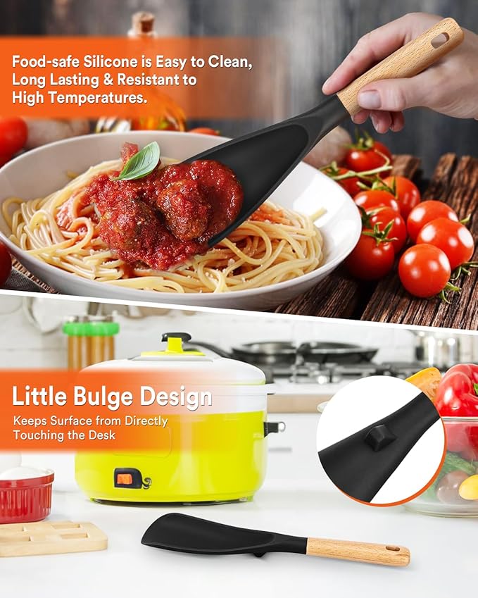 Cooking Spoon and Rice Scooper for Nonstick Cookwares, Great for Cooking and Serving Sturdy BPA-Free Matte Silicone, Wood Handle Spoon for Mixing, Scoop, and Scrape (Black)