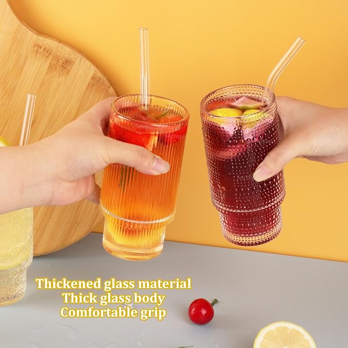 Glass Cups Set with Straw/Bamboo Lid,12 oz Stackable Serving Drinking Glasses, Ideal for Whiskey/Cocktails/Juice/Coffee/Beer, Dishwasher Safe,3 Patterns of Vintage Glassware Sets.(6 Pcs)