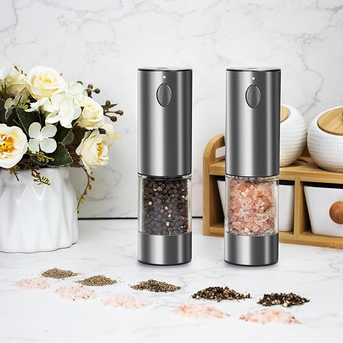 Electric Salt and Pepper Grinder Set, Upgraded Larger Capacity Stainless Steel Automatic Salt and Pepper Mill Set Refillable with 5 Adjustable Coarseness Stainless Steel Color Shaker
