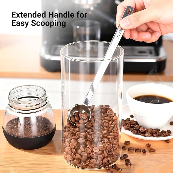 2PCS Coffee Scoop Set,1 Tbsp (15ml) & 2 Tbsp (30ml) Coffee Measuring Spoons,for measuring ground coffee, protein powder, tea,Silver long-handled measuring spoon,for deep jars,coffee bags.