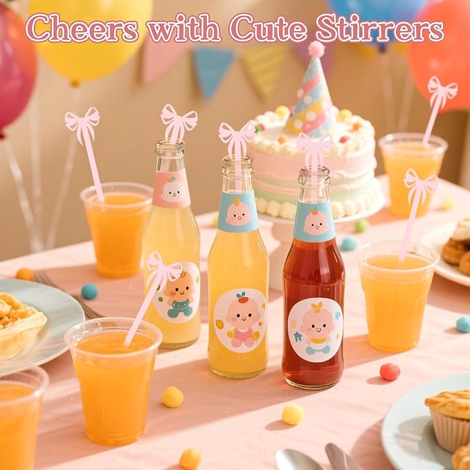 50 Pcs Bow Drink Stirrer, Reusable Acrylic Cocktail Stirrers, 15 cm / 6 in Pink Bow Swizzle Stir Sticks for Cocktails Coffee Bachelorette Party Wedding Festival Decoration