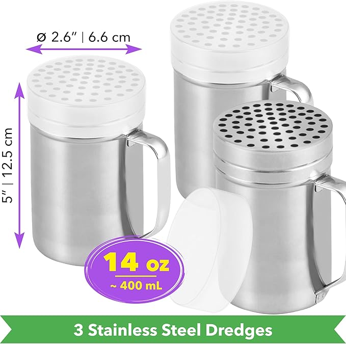 CUSINIUM 14oz Metal Parmesan Cheese Shakers with Large Holes - With Handle - Chili Flakes Dispensers - Pizza Shakers - Pack of 3 | Style: Coarse