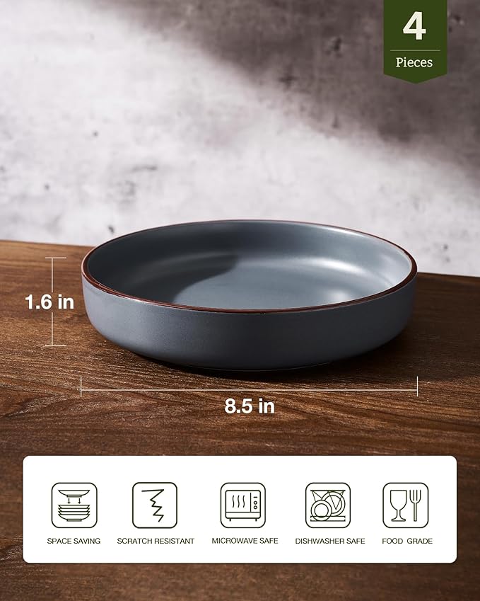 famiware Mercury Pasta Bowls Set of 4, 33 oz Large Salad Bowls, Ceramic Pasta Plates Bowls, Serving Bowls for Kitchen, Microwave & Dishwasher Safe, Charcoal