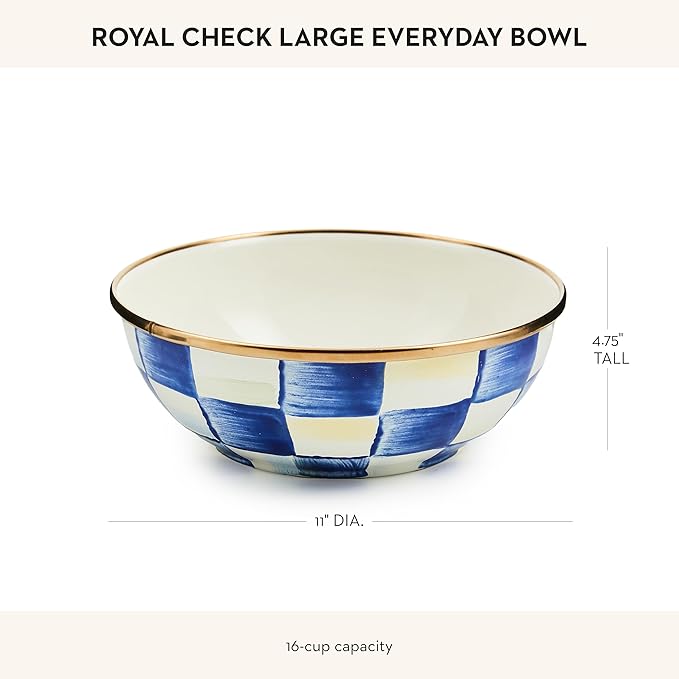 MACKENZIE-CHILDS Enamel Everyday Bowl, Serving Bowl for Entertaining, Large, Blue-and-White Royal Check