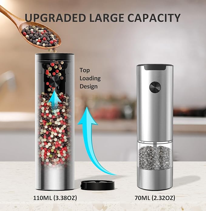 Salt and Pepper Grinder Set Electric,Rechargeable Salt and Pepper Shakers Stainless Steel with USB C Dual Charging Base,Upgraded Large Capacity,Adjustable Coarseness,LED Light,Ideal for Mom