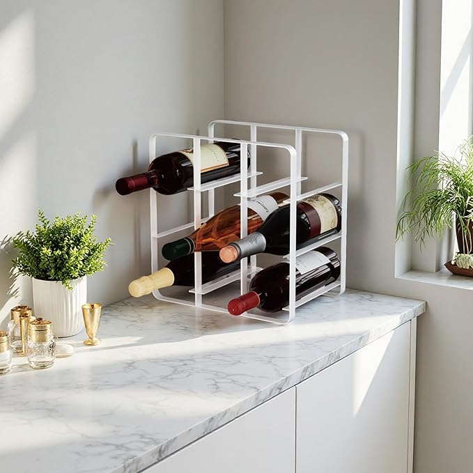 Buruis 9-Bottle Metal Wine Rack, Freestanding Holder Organizer for Red and White Wine, Kitchen Countertop, Pantry, No Assembly Required, White