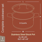 Stainless Steel Stockpot with Lid 8 Quart, Durable 18/8 Stainless Steel, Impact-Bonded Base for Even Heating, Riveted Handles, Oven & All Stove Compatible, Safe Up To 500°F (260°C)