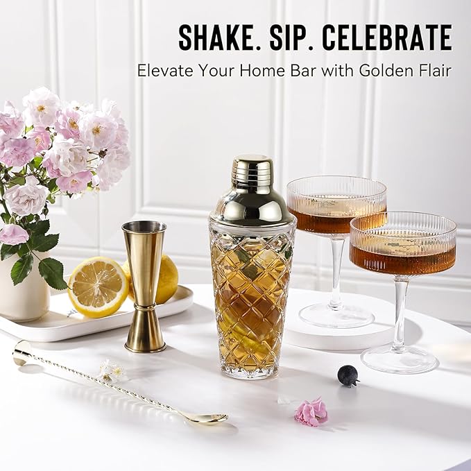 Cocktail Shaker Set with Coupe Glasses – 5-Piece Gift Set Includes Pineapple Glass Shaker with Gold Lid, Jigger, Bar Spoon & 2 Ribbed Gold-Rimmed Glasses – Bartender Kit for Home Bar