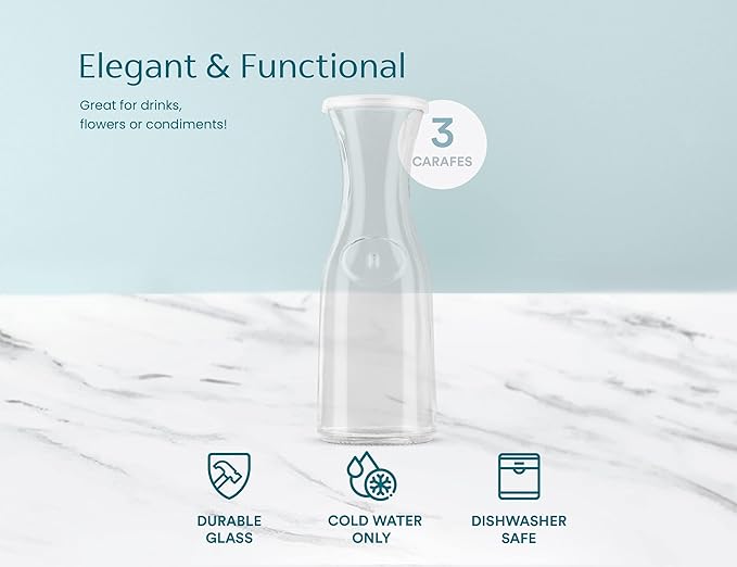 KooK Glass Carafe, Mimosa Bar Supplies, Carafe Pitchers with Lid, Set of 3, Glass Water Pitcher, Drink Dispensers for Parties, Tea, Wine, and Juice, Plastic Lids, Dishwasher Safe, 35 oz