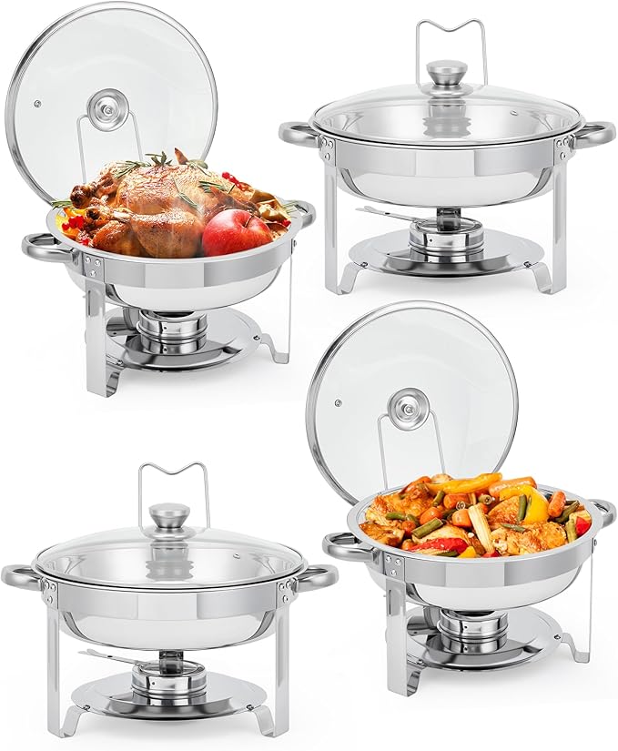 Garvee Chafing Dishes for Buffet Set of 4, 5 QT Round Buffet Servers and Food Warmer Set with Glass Lid, Holder & Drip Tray, Stainless Steel Chafers for Catering Parties Wedding Banquet, Silver