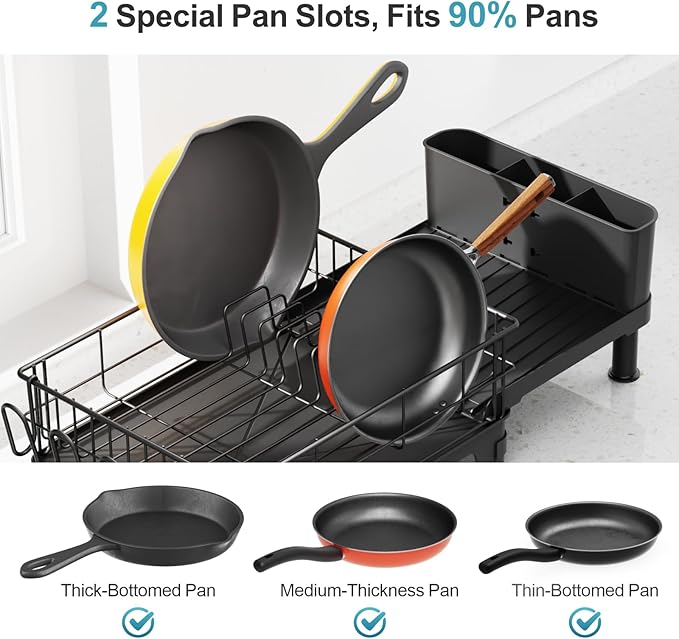 GSlife Expandable Dish Drying Rack - Large Dish Racks for Kitchen Counter with Pan Slot, Anti-Rust Sink Dish Drainer with Drainboard and Utensil Holder, 26.2" Lx12.6 W, Black