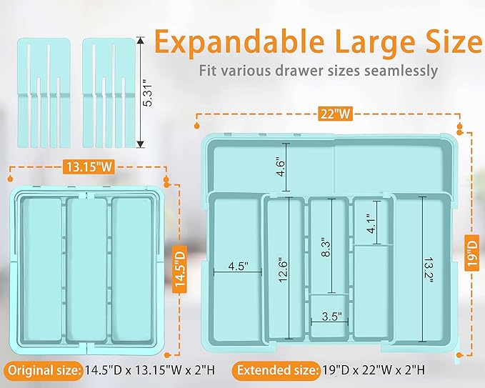 Utensil Drawer Organizer for Kitchen, Expandable Silverware Organizer Cooking Utensils Tray, Large Cutlery and Flatware Holder, Kitchen Tools & Gadgets Storage (Turquoise)