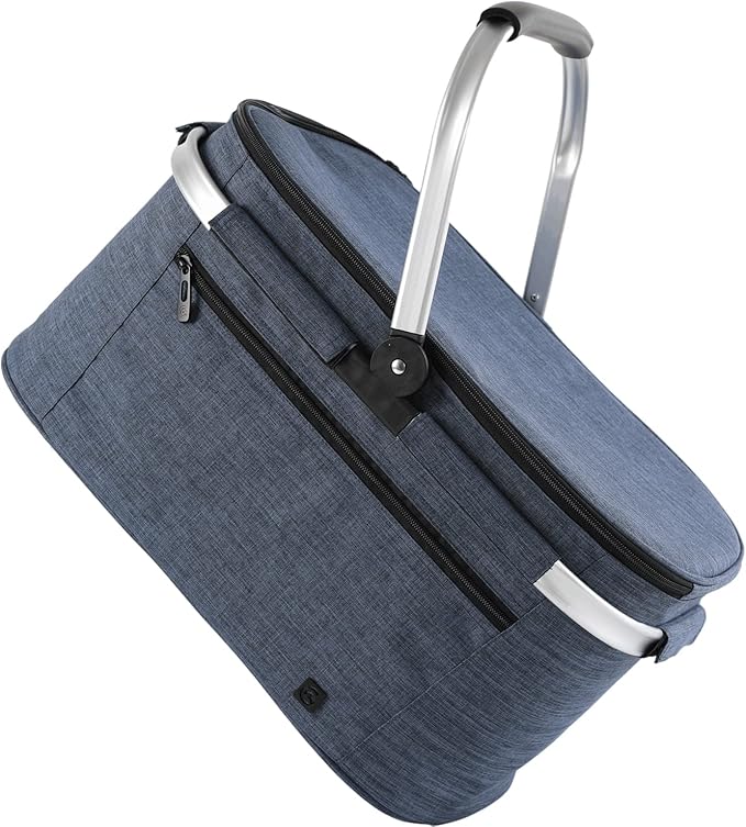 ALLCAMP OUTDOOR GEAR Large Picnic Basket 32L Shopping Basket Grocery Bags Folding Insulated Strong Frame Basket (Large Blue)