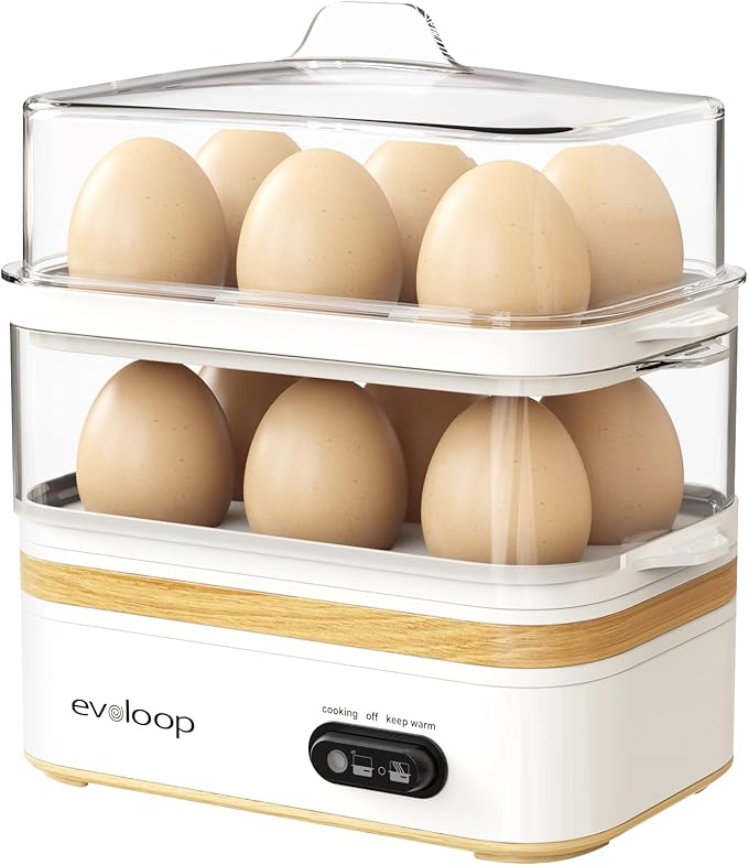Evoloop Rapid Egg Cooker Electric 12 Eggs Capacity, Soft, Medium, Hard Boiled, Poached, Omelet Maker Egg Poacher & Vegetable Steamer, BPA Free Tray（white）