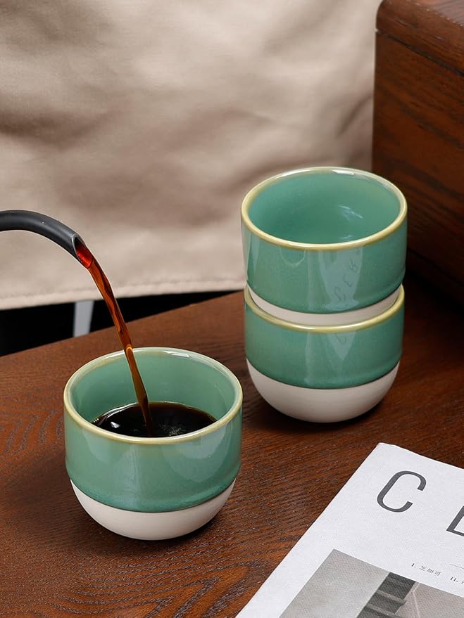 4oz Espresso Cups Set of 4, Green Ceramic Demitasse Coffee Cups for Espresso, Latte, Cappuccino – Two-Tone Stackable Small Mugs for Home, Cafe, Restaurant – Dishwasher & Microwave Safe