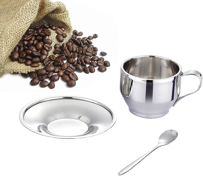 Jasni Stainless Steel Coffee Cup Coffee Mugs Espresso Cups and Great Cappuccino Cups with Spoon and Saucer Gift Idea for Coffee and Tea Lovers (4)