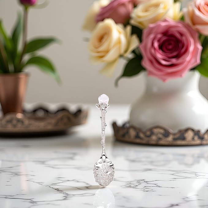 Crystal Coffee Spoon Vintage Floral Carved Long Handle Ice Cream Tea Spoon,Silver Diamond RHinestone