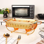 Casserole Dish 6" x 11" Glass Baking Dish with Stainless steel Lid and rack, Golden Rectangle 1.3 Qt Large Baking Pan For Casserole & Lasagna, Microwave Dishwasher Freezer Oven Safe