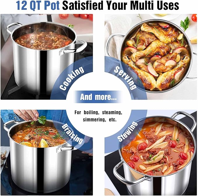P&P CHEF 12 Quarts Cooking Stock Pot with Lid, Stainless Steel Stockpot Induction Pot for Soup, Tri-Ply Bottom & Clear Glass Lid & Double Handle, Dishwasher Safe