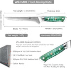 WILDMOK 7 inch Damascus Fillet Knife, Japanese Damascus Steel Boning, Carving, Deboning, Full Tang Resin Handle, Gift Box