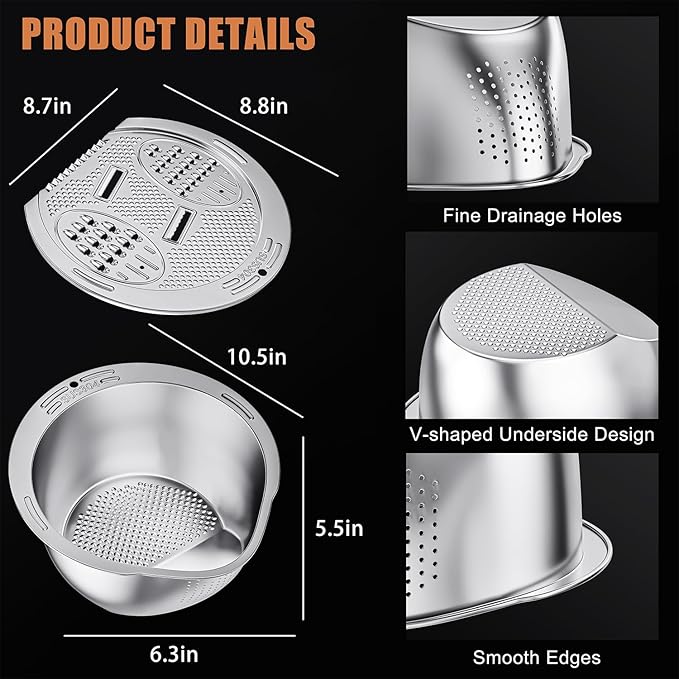 ESOW Colander Set Stainless Steel, Rice Washer Strainer Bowl with Grater, Multipurpose Use for Food Storage, Draining Water, Cutting and Slicing/Shredding, Kitchen Essentials