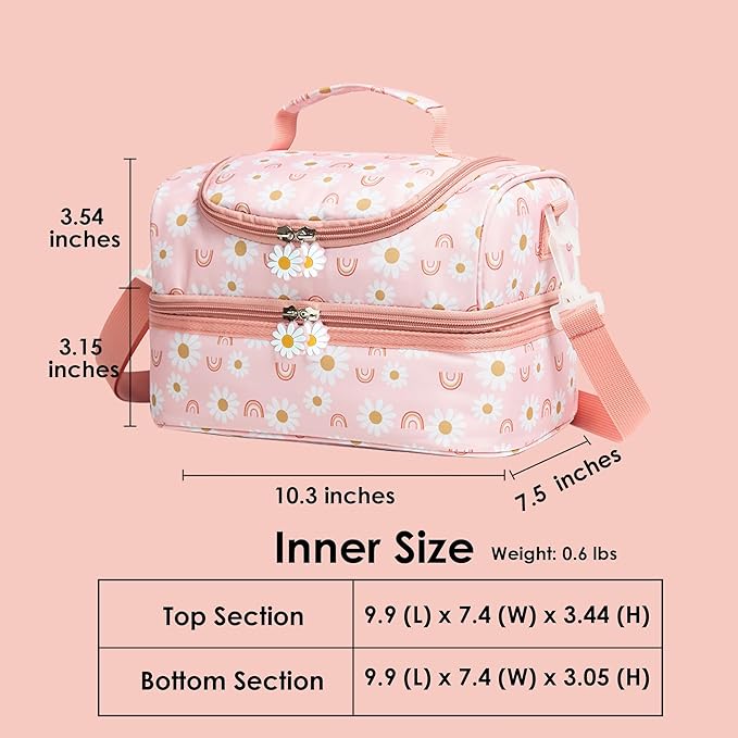 Insulated Kids Dual Compartment Lunch Bags Tote for Girls Boys Toddler Lunch Boxes Pre-School Toddler Kindergarten Elementary Picnic Food Cooler Thermal with Strap (Rainbow Daisies)