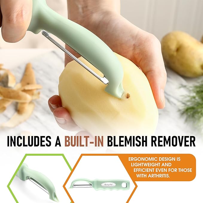 Spring Chef Premium Swivel Vegetable Peeler, Comfortable Handle and Ultra Sharp Stainless Steel Blades - Perfect Kitchen Peeler For Veggie, Fruit, Potato, Carrot, Apple - Pistachio