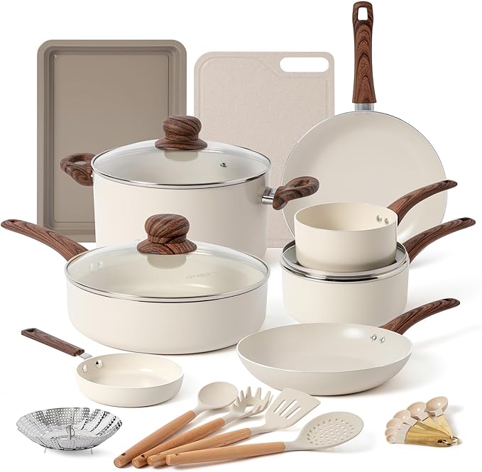 23 Pcs Pots and Pans Set Nonstick, Kitchen Cookware Sets, with Frying Pan, Saucepan, Saute Pan, Lightweight Cooking Set with Stay-Cool Wood Print Handles, NO PFAS and PFOA, Dark Wood